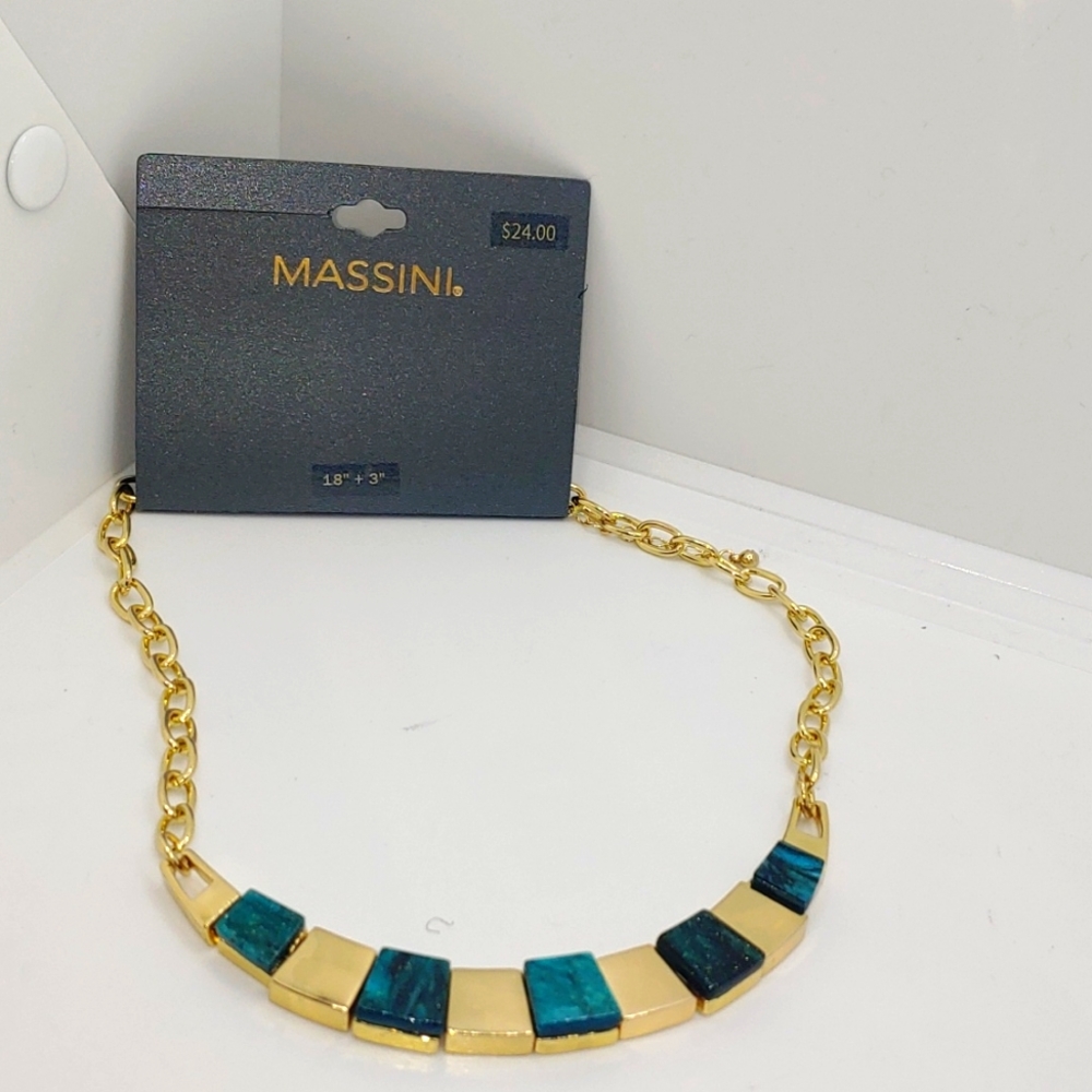 Massini Baby Blue Gold Tone tiled Choker Necklace